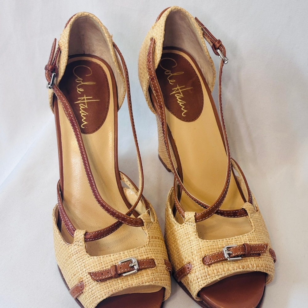 Cole Haan Air Nike Tan Woven Wedge Peep-Toe Heels with Brown Leather Details 6
